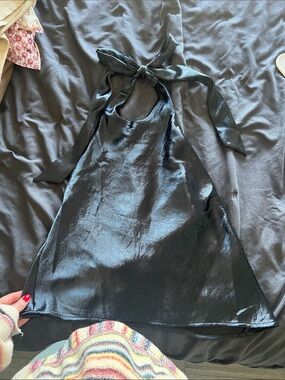 NWT Silence and Noise Navy Satin Halter Tie Asymmetrical Top